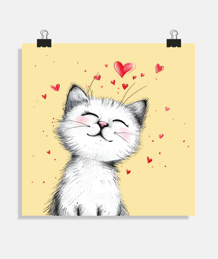 Poster chaton mignon avec coeurs kawaii poster chambre bébé enfant salon bureau boutique affiche 