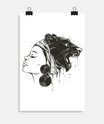Poster femme africaine , lion, dessin ethnique, mode, tendance, afrique 