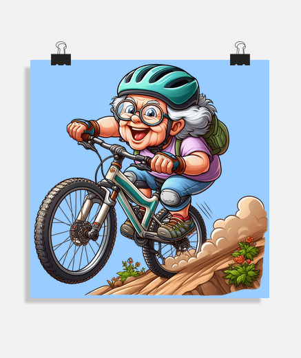 Poster grand mère fait du vélo humour cartoon poster bureau salon chambre à personnaliser affiche 