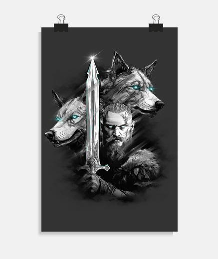 Poster guerrier viking épée loups feroces affiche poster  vikings  scandinave 