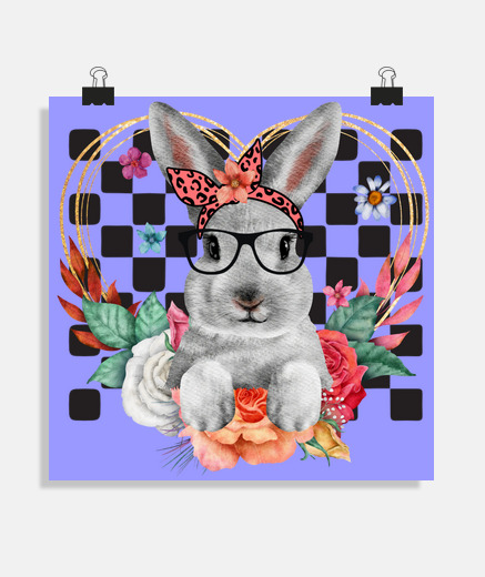 Poster lapin avec lunettes noires mode fleurs poster salon studio bureau boutique coeur amoureux amour 