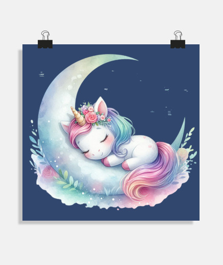 Poster licorne qui dort sur la lune phases poster chambre enfant  decoration à personnaliser affiche 