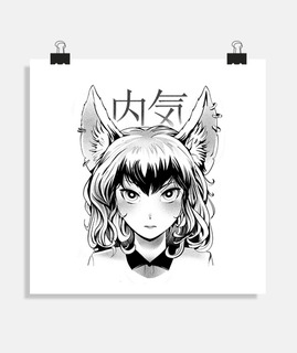 manga fille ,renard, kanji , dessin art, décoration.