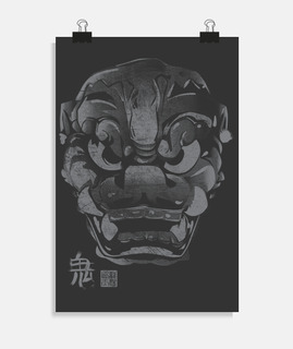 masque japonaise kanji démon gris