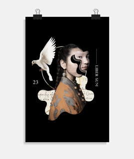mujer asiática paloma raro artista dibujo, cartel del desfile de modas, liber sum,