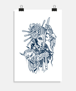 mujer tengu oscura azul y blanca