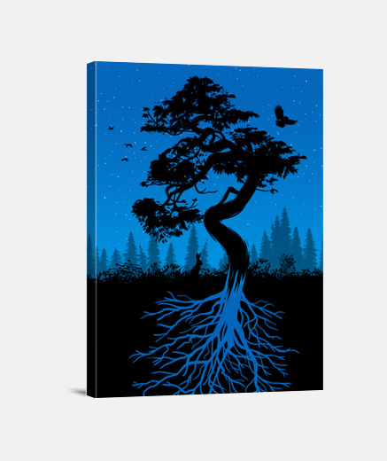 Wall nature tree with roots at night