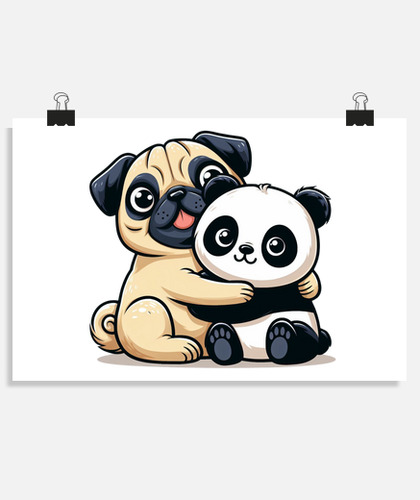 Póster oso panda y perro pug abrazándose laTostadora