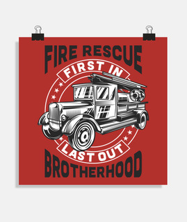 Póster Camión de Bomberos Rescate Firefighter Vintage Ilustración Bombero