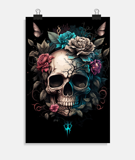 Poster tête de mort jour des morts fleurs poster décoration magie vaudou 