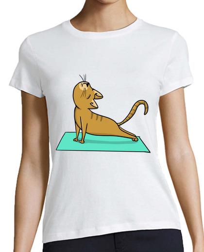 Tee Shirt Femme Classique Manches Courtes chat faisant du yoga