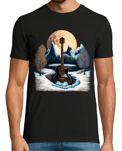 Image of acoustic guitar music flamenco night full moon in the snowy mountain