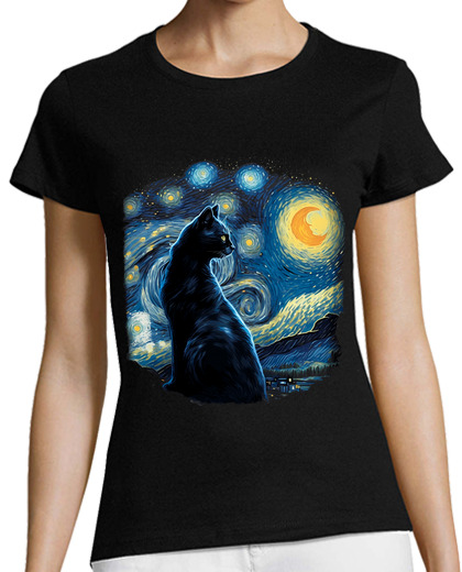 Image of cat night moon painting van gogh art animals cats