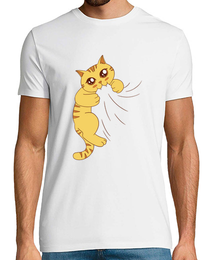 Image of cat clinging to the t-shirt. very funny, too cute