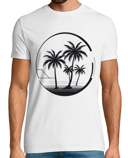 Image of palm trees in the middle of the sea in a sunset, beach, light t shirt