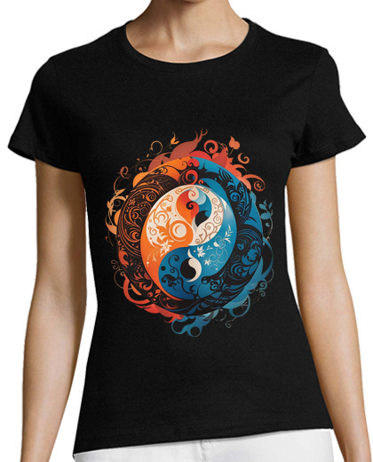 Image of yin and yang in fire and water, abstract elements, colorful, full of life, light t shirt