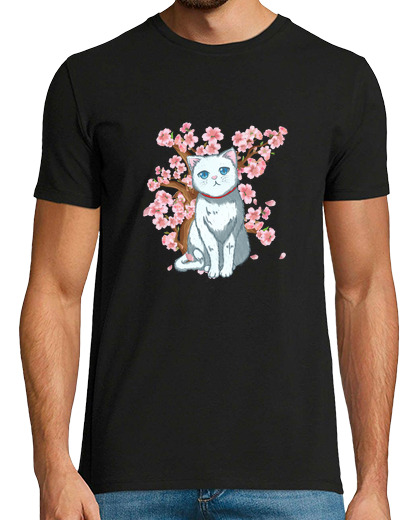 Image of Cherry Blossom Japanese Art White Cat Japan Flower