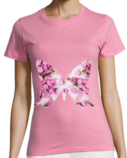Image of pink butterfly, flowers woman, manga short, pink shirt, premium quality