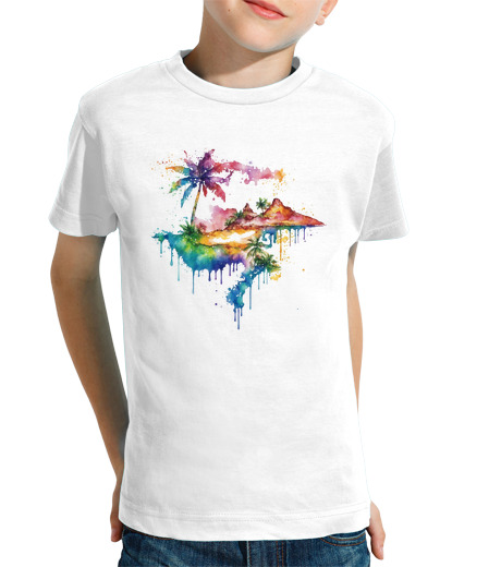 Tee Shirt Pour Enfant Manche Courte paradis tropical coloré aquarelle