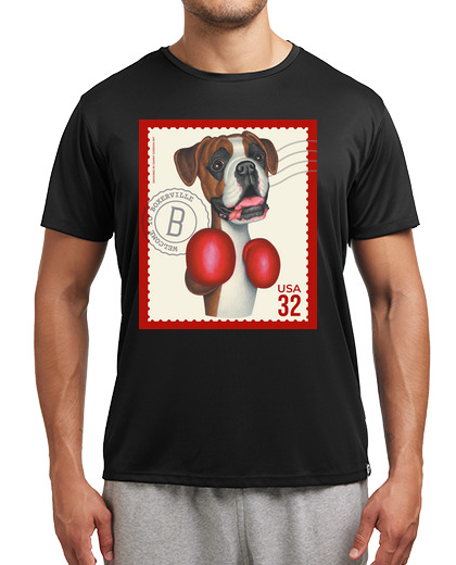 Image of Funny Boxer Dog wearing red boxing glov