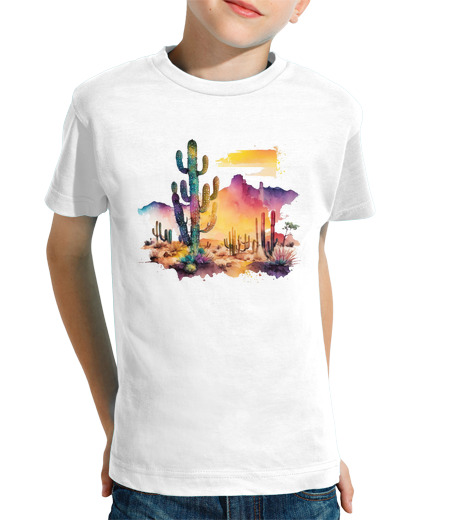 Tee Shirt Pour Enfant Manche Courte coucher de soleil sur le désert aquarel