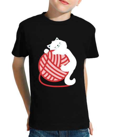 Tee Shirt Pour Enfant Manche Courte joli chat blanc avec pelote de laine