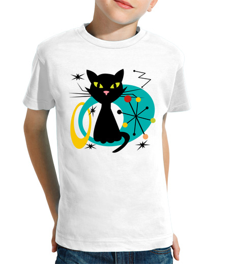 Tee Shirt Pour Enfant Manche Courte chat noir du milieu du siècle