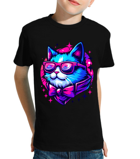 Tee Shirt Pour Enfant Manche Courte Chat cosmique kawaii tendance en étoile