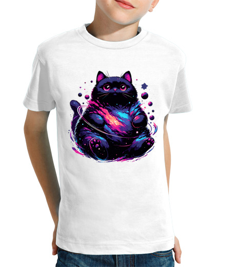 Tee Shirt Pour Enfant Manche Courte chat cosmique kawaii dans les étoiles