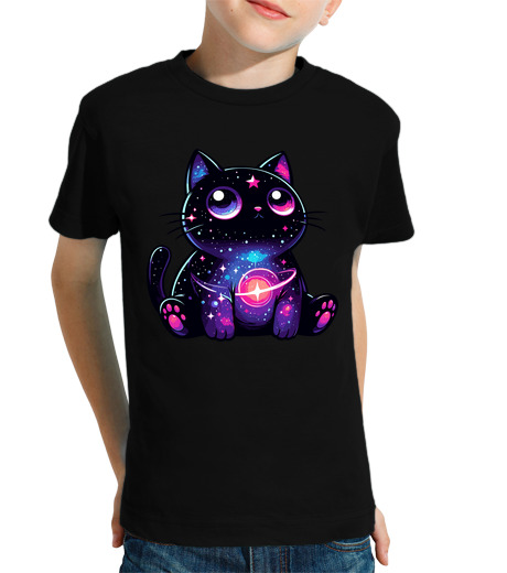 Tee Shirt Pour Enfant Manche Courte chat cosmique kawaii dans les étoiles