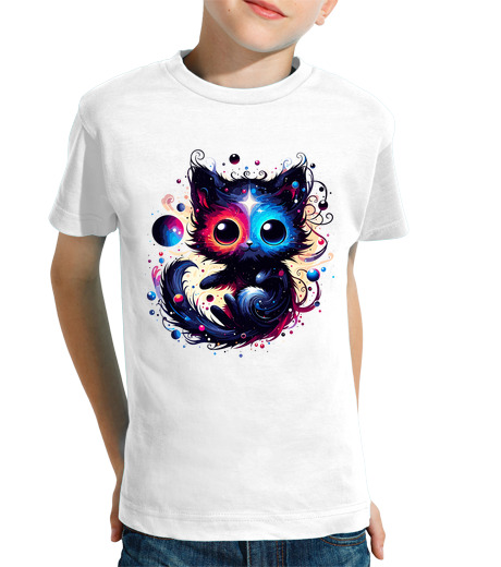 Tee Shirt Pour Enfant Manche Courte Chat cosmique coloré kawaii dans les ét