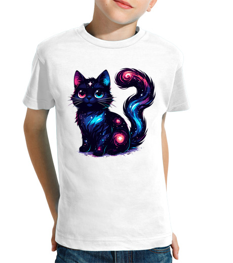 Tee Shirt Pour Enfant Manche Courte chat cosmique kawaii dans les étoiles