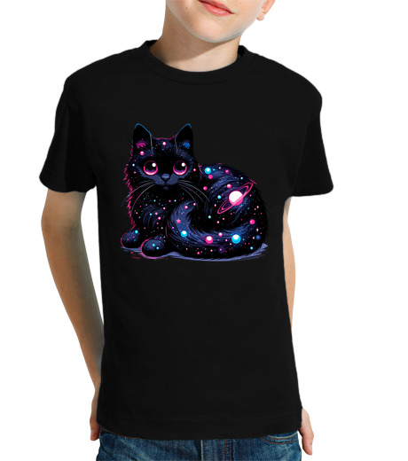 Tee Shirt Pour Enfant Manche Courte chat cosmique kawaii dans les étoiles