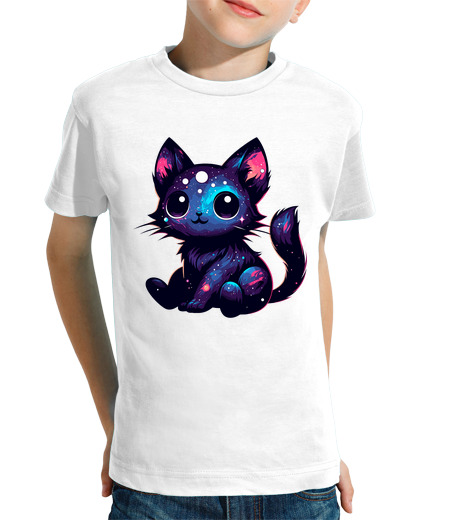 Tee Shirt Pour Enfant Manche Courte chat cosmique kawaii dans les étoiles