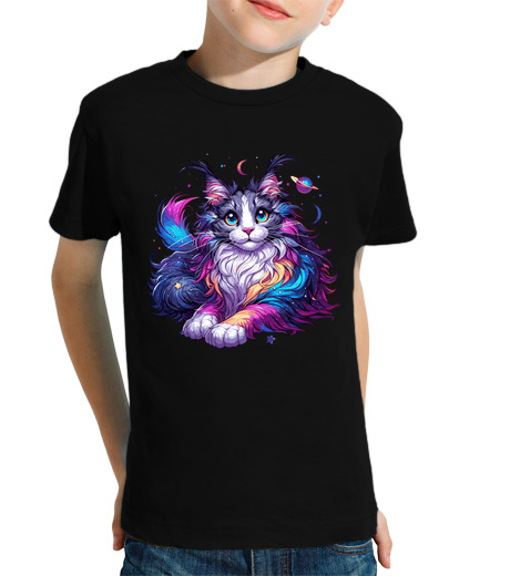 Tee Shirt Pour Enfant Manche Courte chat cosmique maine coon coloré