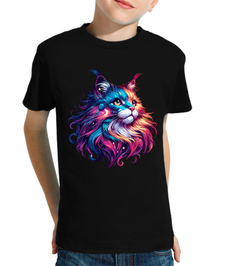 Tee Shirt Pour Enfant Manche Courte chat cosmique maine coon coloré