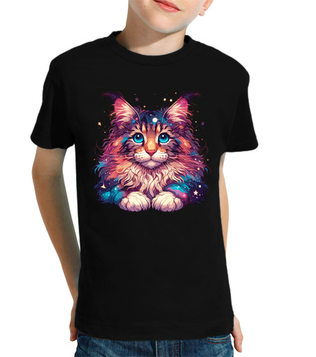 Tee Shirt Pour Enfant Manche Courte chat cosmique maine coon coloré