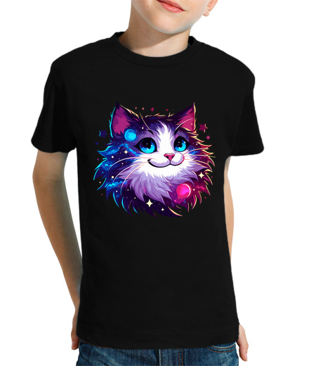 Tee Shirt Pour Enfant Manche Courte chat cosmique kawaii dans les étoiles