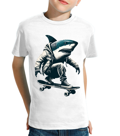 Tee Shirt Pour Enfant Manche Courte skateur patineur requin vintage