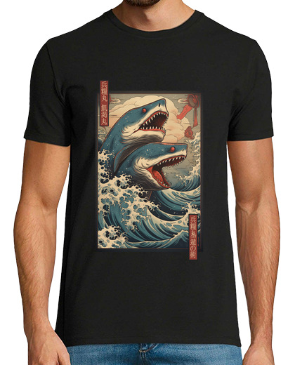 Image of japanese style shark in the big wave