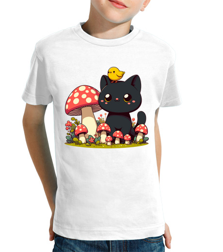 Tee Shirt Pour Enfant Manche Courte chat noir avec oiseau et champignons