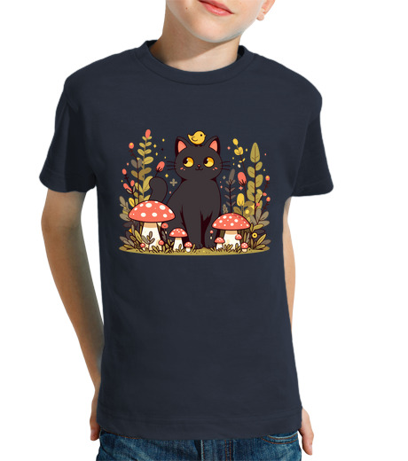 Tee Shirt Pour Enfant Manche Courte chat avec oiseau dans le jardin de cham