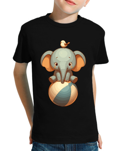 Tee Shirt Pour Enfant Manche Courte éléphant de cirque avec oiseau sur ball