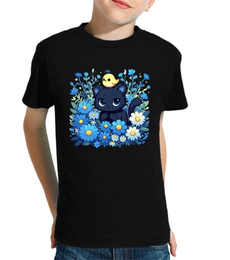 Tee Shirt Pour Enfant Manche Courte chat noir avec oiseau dans un jardin fl