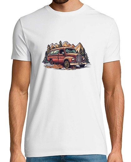 Image of retro and worn combi van in the mountai