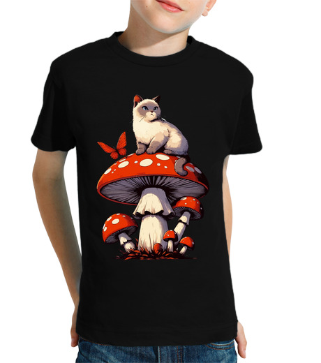 Tee Shirt Pour Enfant Manche Courte chat blanc vintage dans un jardin de ch