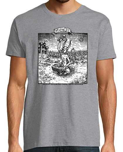 Image of white devil hammering his intestines with black and white landscape