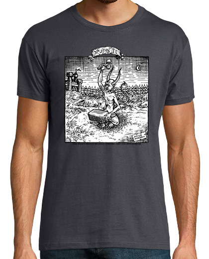 Image of white devil hammering with black and white landscape