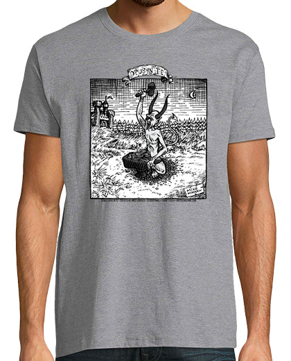 Image of gray devil hammering his intestines with black and white landscape