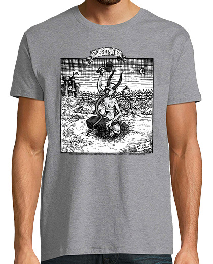 Image of gray devil hammering his tongue with black and white landscape